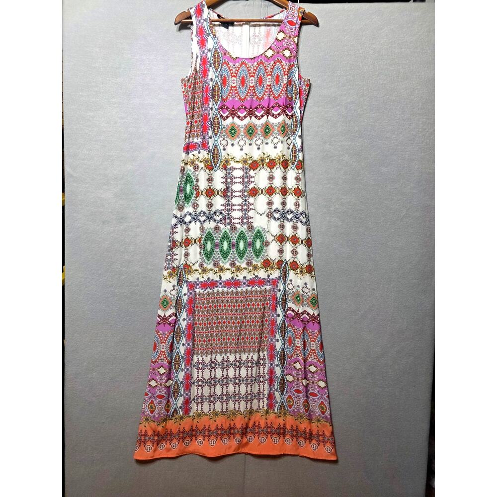 Paperwhite 100% Silk Maxi Dress Women’s 6 Boho Tribal Print Sleeveless A-Line